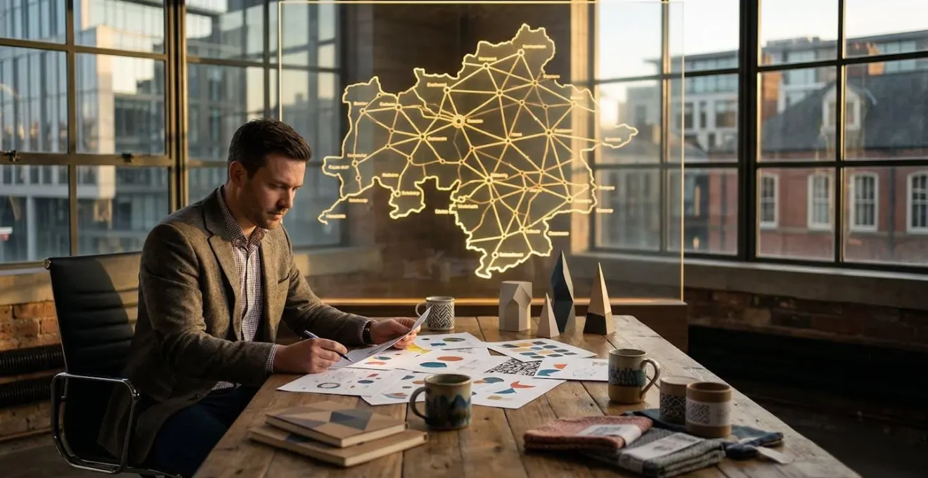 Stratégie de référencement local représentée par un entrepreneur breton analysant une carte régionale interactive avec des points lumineux symbolisant la présence locale