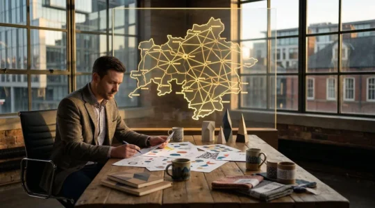 Stratégie de référencement local représentée par un entrepreneur breton analysant une carte régionale interactive avec des points lumineux symbolisant la présence locale