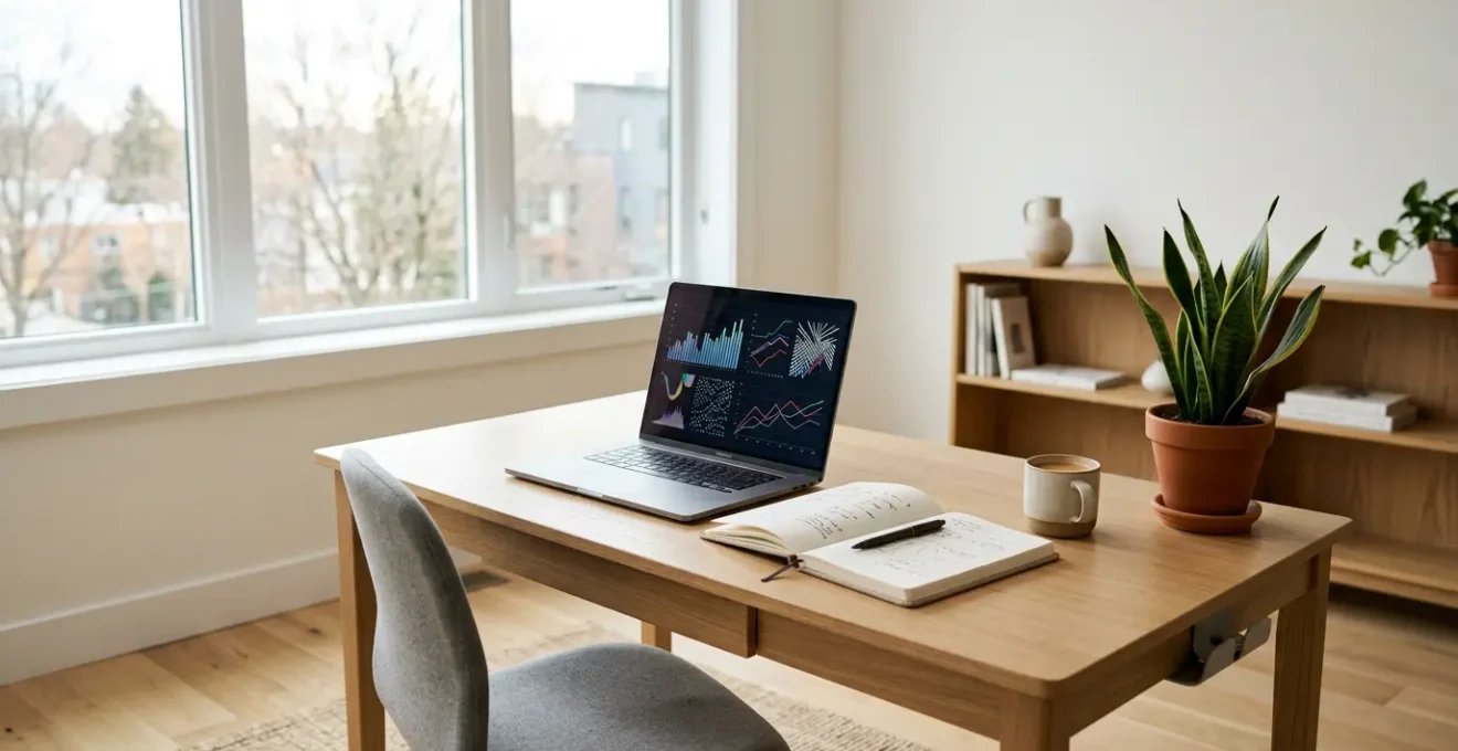 Un bureau moderne avec une personne travaillant sur un ordinateur portable, des livres de formation et des notes sur le SEO visibles