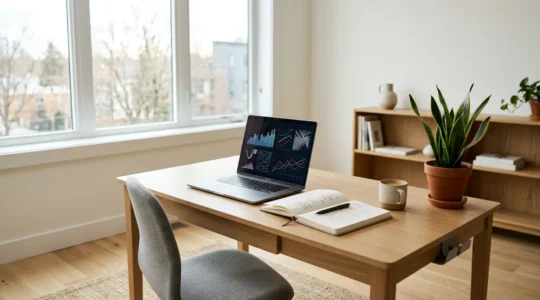 Un bureau moderne avec une personne travaillant sur un ordinateur portable, des livres de formation et des notes sur le SEO visibles