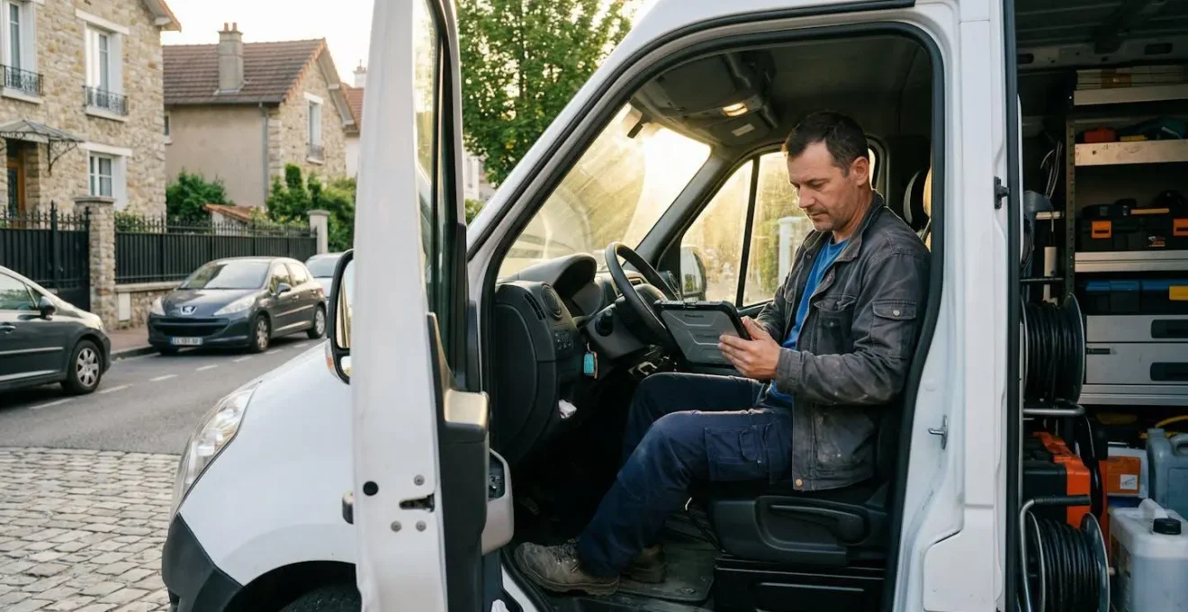 Artisan consultant sa fiche Google Business Profile sur tablette dans son véhicule de chantier