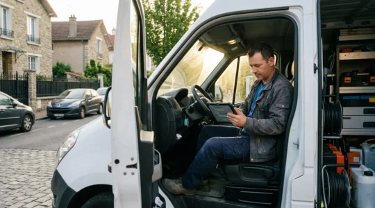 Artisan consultant sa fiche Google Business Profile sur tablette dans son véhicule de chantier