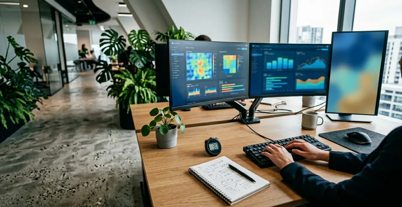 Bureau moderne avec plusieurs écrans affichant des graphiques analytiques et outils SEO, mains sur clavier effectuant un audit