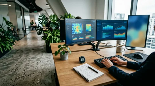 Bureau moderne avec plusieurs écrans affichant des graphiques analytiques et outils SEO, mains sur clavier effectuant un audit