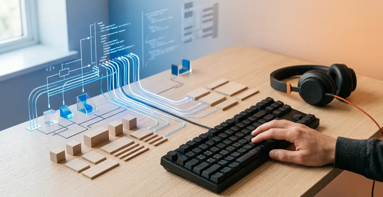 Écran d'ordinateur montrant du code HTML avec des balises sémantiques visibles et un lecteur d'écran à côté