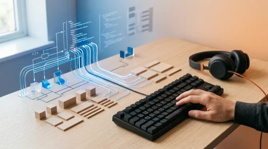 Écran d'ordinateur montrant du code HTML avec des balises sémantiques visibles et un lecteur d'écran à côté