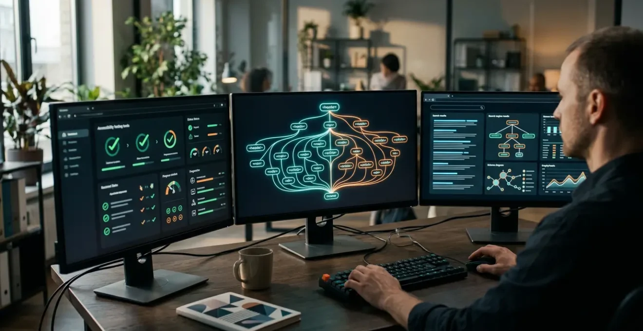 Expert développeur analysant le code HTML5 sémantique sur plusieurs écrans avec visualisation de l'arborescence des balises