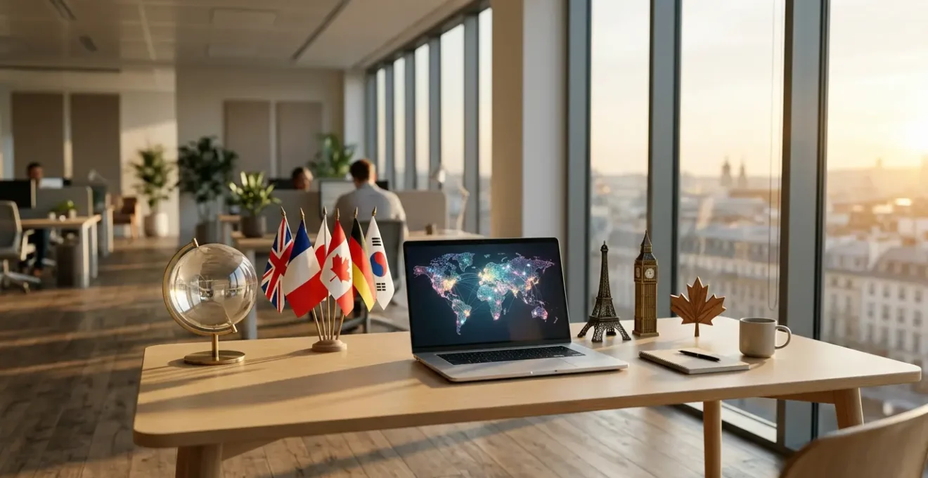 Bureau moderne avec écran d'ordinateur affichant une carte mondiale avec épingles, globe terrestre et drapeaux nationaux