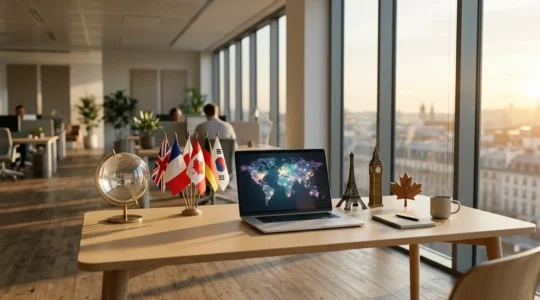 Bureau moderne avec écran d'ordinateur affichant une carte mondiale avec épingles, globe terrestre et drapeaux nationaux