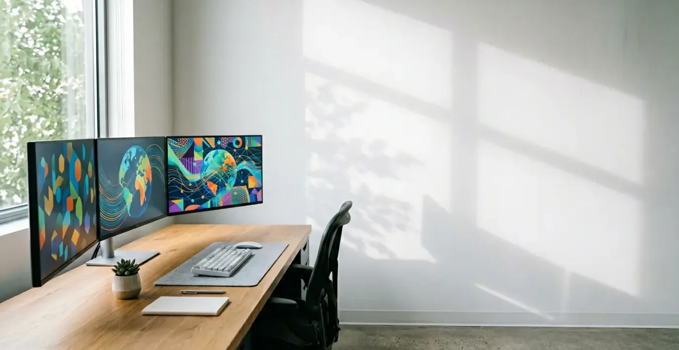 Bureau moderne avec plusieurs écrans montrant des cartes de France et Belgique, symbolisant la gestion SEO multinationale