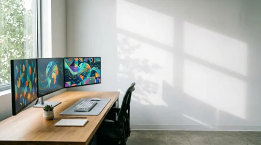 Bureau moderne avec plusieurs écrans montrant des cartes de France et Belgique, symbolisant la gestion SEO multinationale