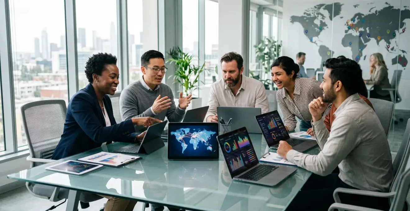 Équipe internationale travaillant sur une stratégie de référencement multilingue avec cartes du monde et graphiques de données