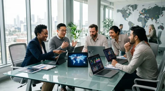 Équipe internationale travaillant sur une stratégie de référencement multilingue avec cartes du monde et graphiques de données