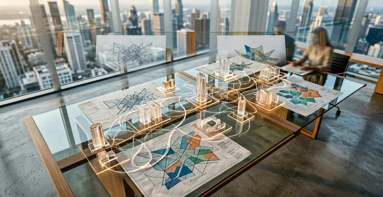 Vue architecturale de bureaux internationaux connectés représentant les choix de structure SEO