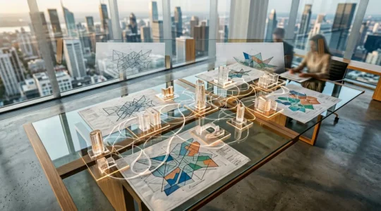 Vue architecturale de bureaux internationaux connectés représentant les choix de structure SEO