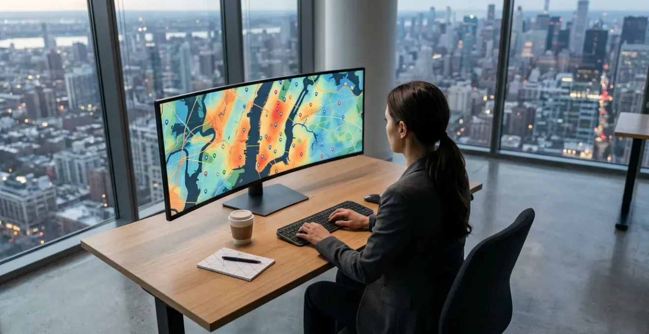 Expert SEO analysant une carte interactive avec des zones de chalandise et des marqueurs de quartiers sur un écran large