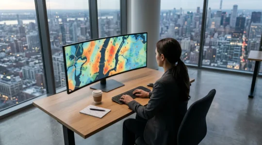 Expert SEO analysant une carte interactive avec des zones de chalandise et des marqueurs de quartiers sur un écran large