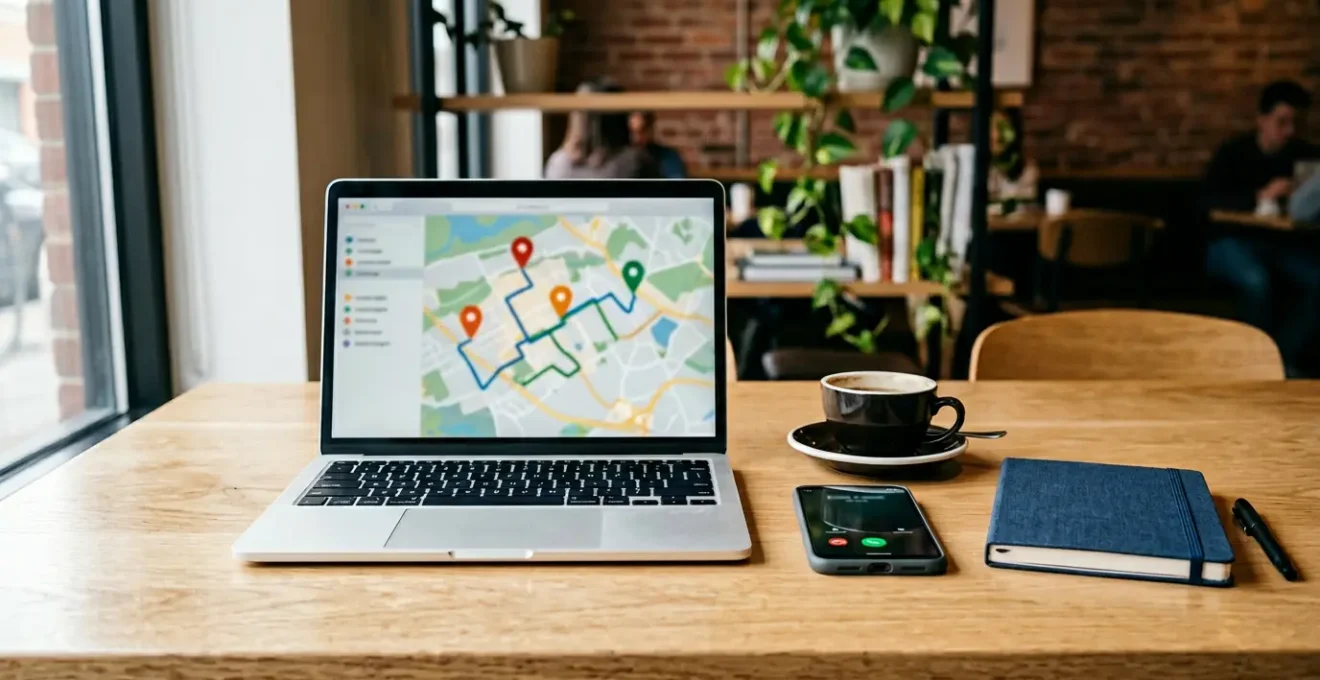Carte interactive Google Maps sur écran d'ordinateur avec épingles d'établissements locaux et bouton d'appel visible