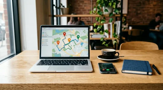 Carte interactive Google Maps sur écran d'ordinateur avec épingles d'établissements locaux et bouton d'appel visible