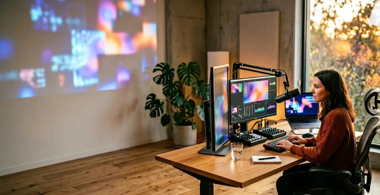 Créateur de contenu travaillant dans un studio moderne avec équipements professionnels symbolisant l'expertise humaine face à l'IA