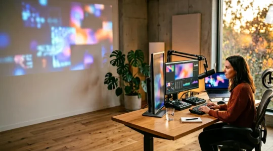 Créateur de contenu travaillant dans un studio moderne avec équipements professionnels symbolisant l'expertise humaine face à l'IA