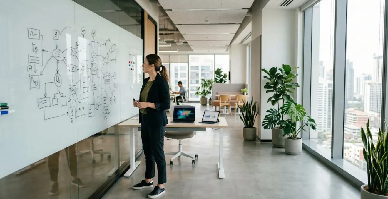 Professionnel analysant une stratégie SEO moderne sur écrans multiples dans un bureau lumineux