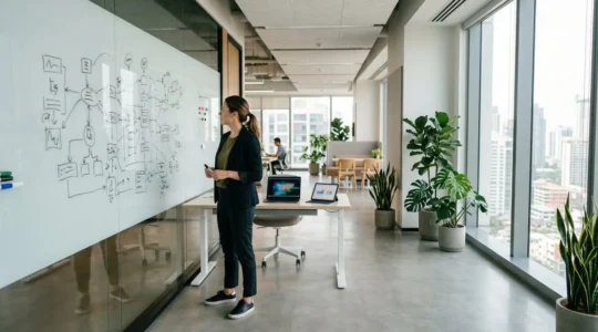 Professionnel analysant une stratégie SEO moderne sur écrans multiples dans un bureau lumineux