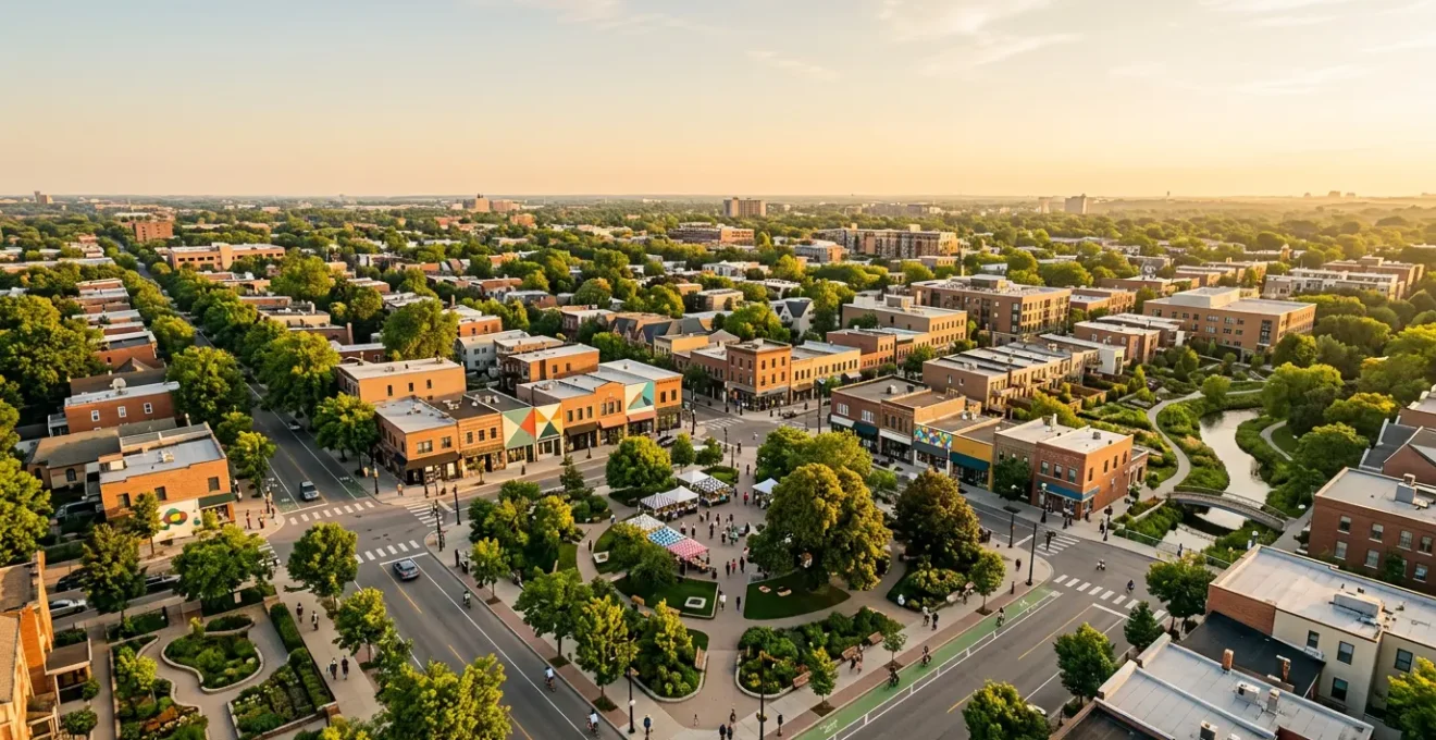 Vue aérienne d'un quartier animé avec ses commerces locaux, places publiques et espaces verts, symbolisant l'ancrage territorial d'un média de proximité