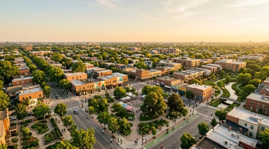 Vue aérienne d'un quartier animé avec ses commerces locaux, places publiques et espaces verts, symbolisant l'ancrage territorial d'un média de proximité