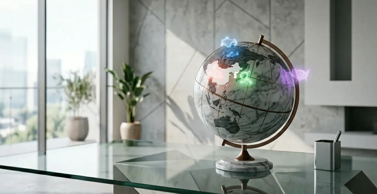 Carte du monde stylisée avec des icônes de recherche représentant différents moteurs locaux comme Baidu, Yandex et Naver