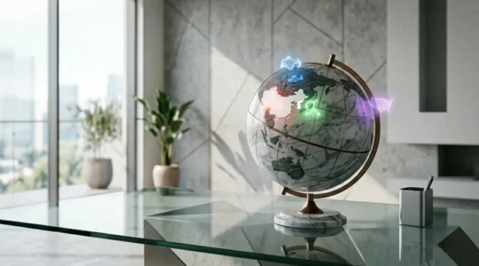 Carte du monde stylisée avec des icônes de recherche représentant différents moteurs locaux comme Baidu, Yandex et Naver