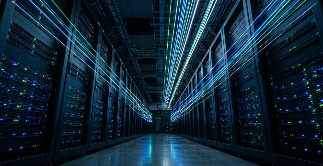 Serveur informatique avec flux de données lumineux symbolisant le parcours de Googlebot