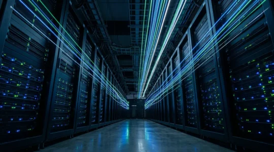 Serveur informatique avec flux de données lumineux symbolisant le parcours de Googlebot