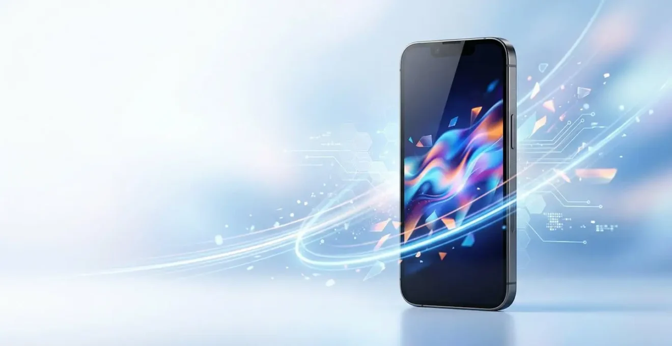 Smartphone moderne affichant une interface de performance web avec des métriques de vitesse et des graphiques de chargement dans un environnement professionnel épuré