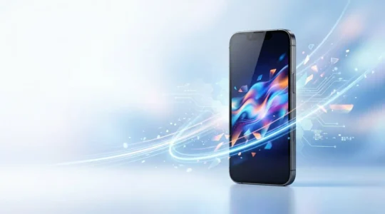 Smartphone moderne affichant une interface de performance web avec des métriques de vitesse et des graphiques de chargement dans un environnement professionnel épuré