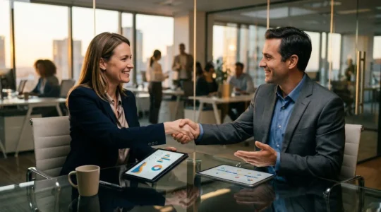Réunion stratégique entre partenaires complémentaires travaillant sur une opération de visibilité croisée