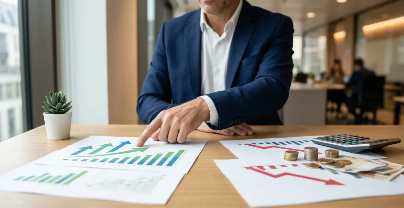 Chef d'entreprise PME analysant des graphiques de ROI entre SEO et publicité sur son bureau