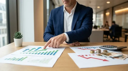 Chef d'entreprise PME analysant des graphiques de ROI entre SEO et publicité sur son bureau