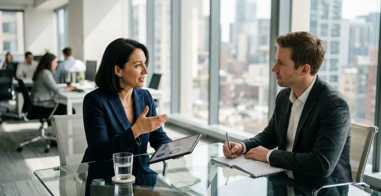 Entretien professionnel dans un bureau moderne pour recruter un expert SEO