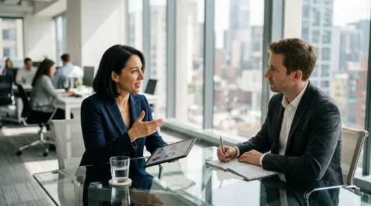 Entretien professionnel dans un bureau moderne pour recruter un expert SEO