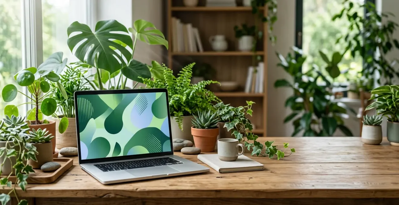 Ordinateur portable dans un environnement naturel avec des feuilles vertes et des racines numériques symbolisant l'éco-conception web