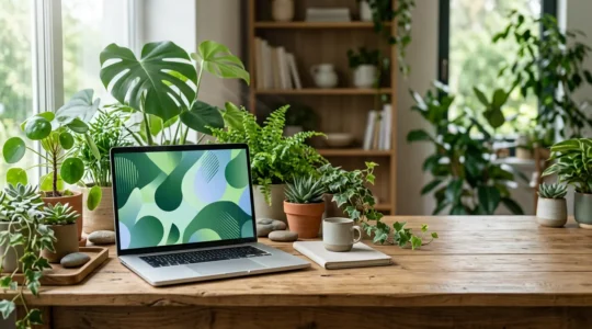 Ordinateur portable dans un environnement naturel avec des feuilles vertes et des racines numériques symbolisant l'éco-conception web
