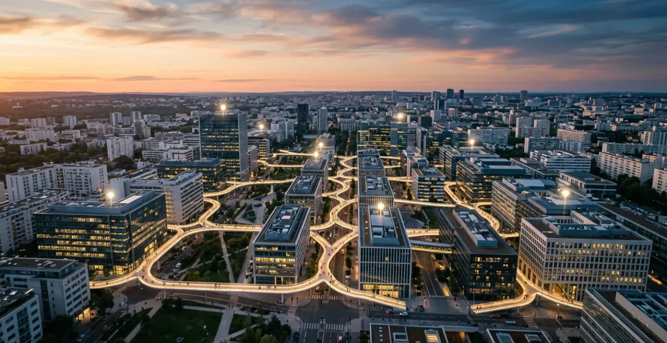 Vue aérienne d'un réseau d'agences interconnectées sur une carte avec des flux de données lumineux symbolisant l'optimisation SEO locale