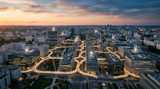 Vue aérienne d'un réseau d'agences interconnectées sur une carte avec des flux de données lumineux symbolisant l'optimisation SEO locale