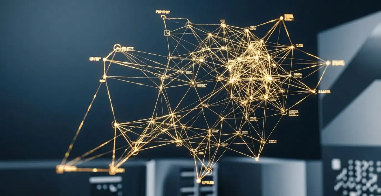 Réseau complexe de connexions lumineuses représentant le maillage interne d'un site web