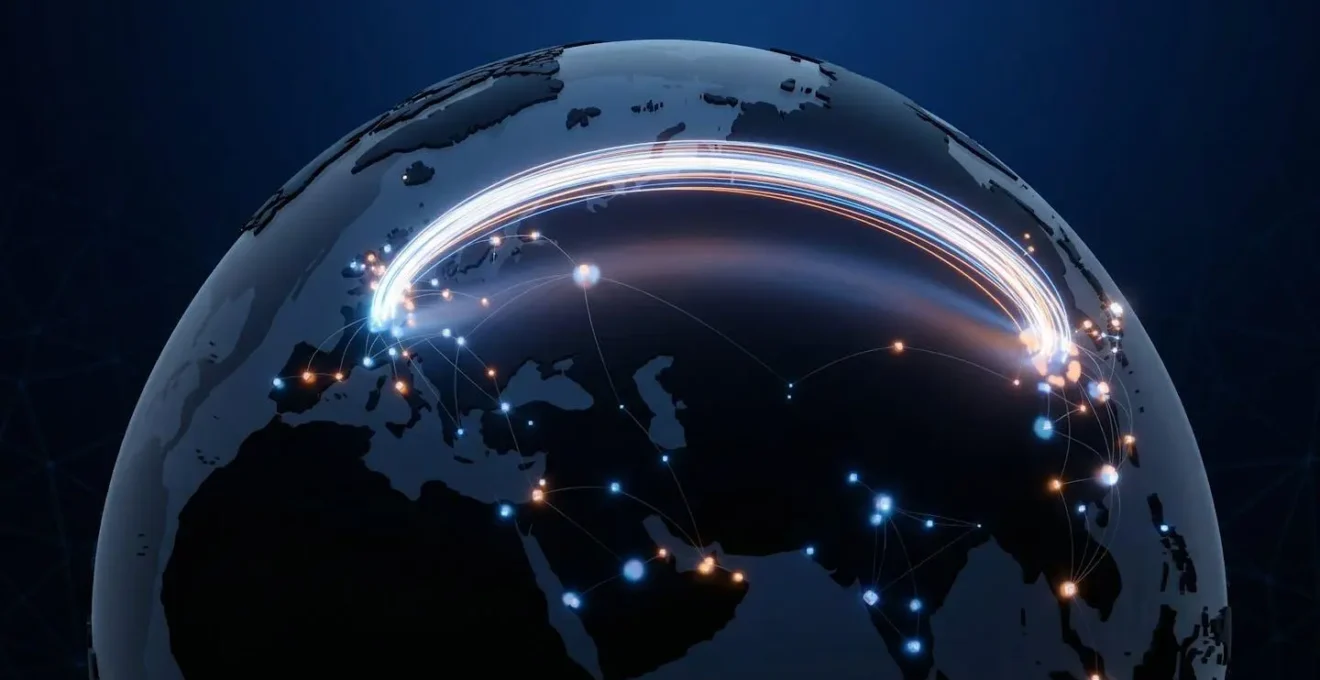 Vue aérienne d'un réseau de connexions lumineuses reliant Paris et Tokyo sur un globe terrestre numérique