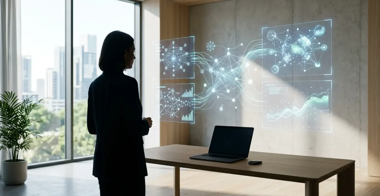 Expert SEO analysant un réseau de liens de qualité sur plusieurs écrans dans un environnement professionnel moderne