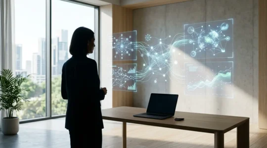 Expert SEO analysant un réseau de liens de qualité sur plusieurs écrans dans un environnement professionnel moderne