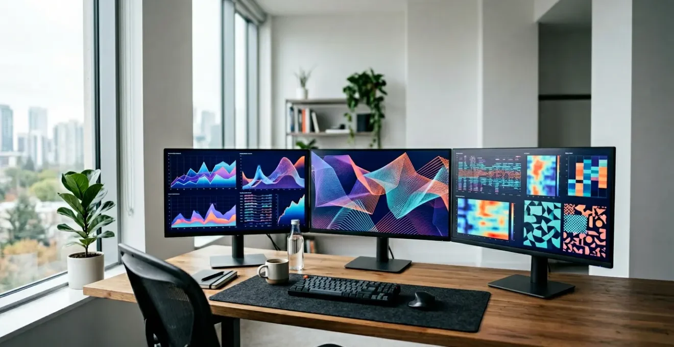 Expert SEO analysant des données d'indexation sur plusieurs écrans dans un environnement de travail moderne