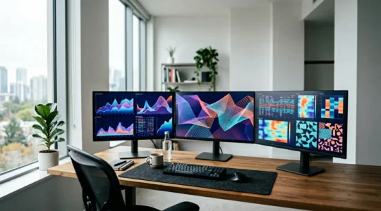 Expert SEO analysant des données d'indexation sur plusieurs écrans dans un environnement de travail moderne